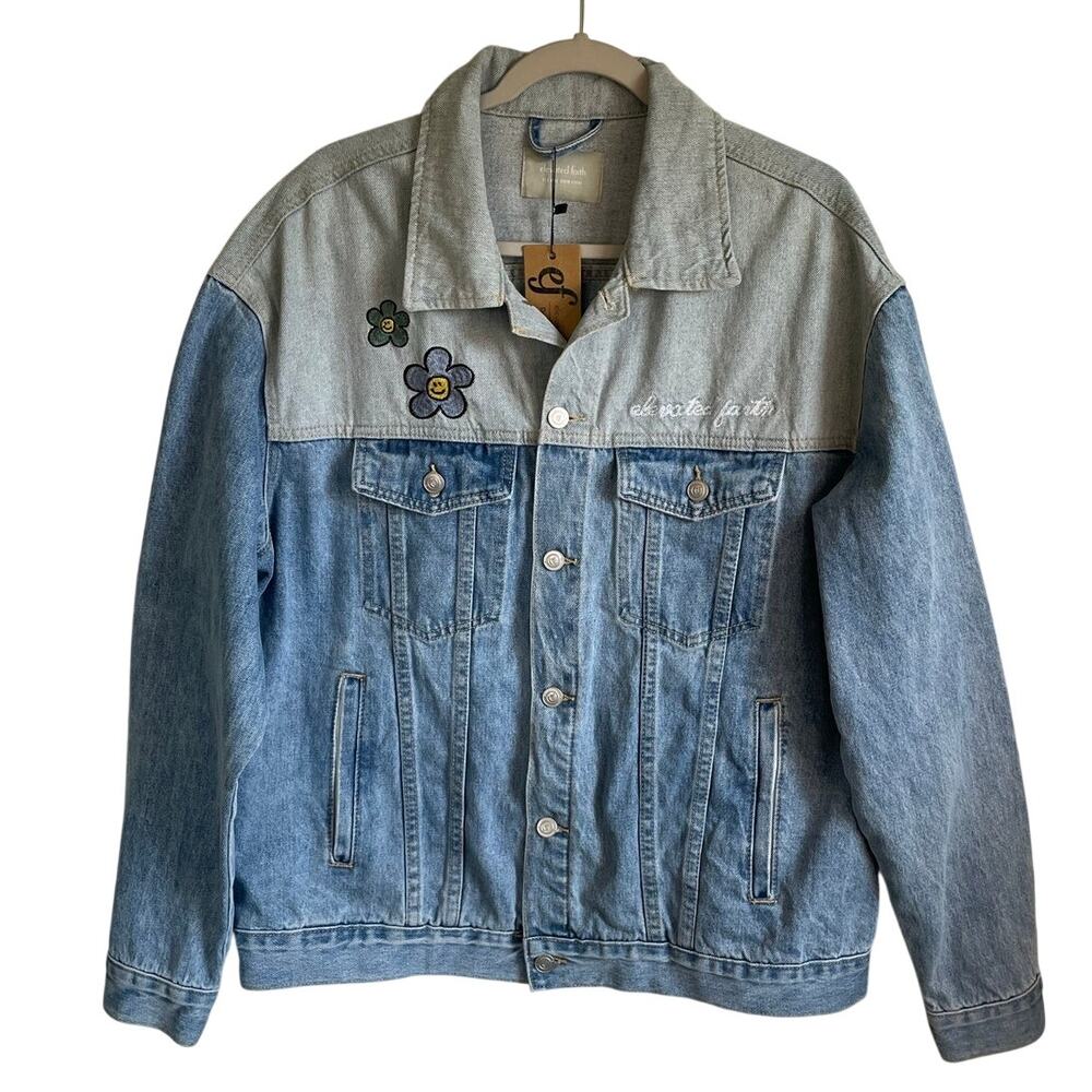 NWT Elevated Faith More Than Enough Denim Jacket Sz L Embroidered Oversized